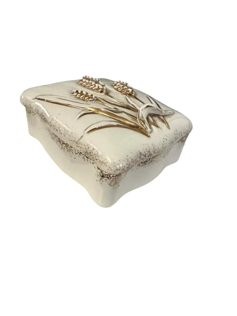 1956 Geo Z Lefton Japan Cream Gold Wheat Porcelain Lidded Trinket Box